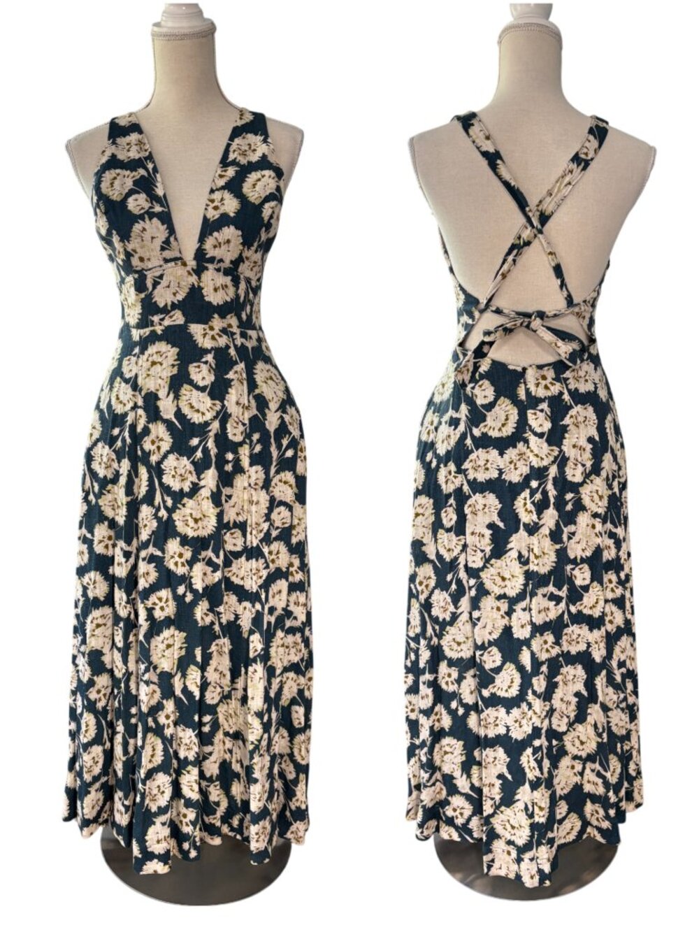 Nicholas Haisley Midi Dress size 4 S Fun Floral teal blue green linen tie back